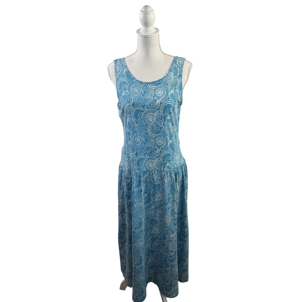 Vintage 1991 Laura Ashley Turquoise & White Seashell Cotton Midi Sundress Sz M
